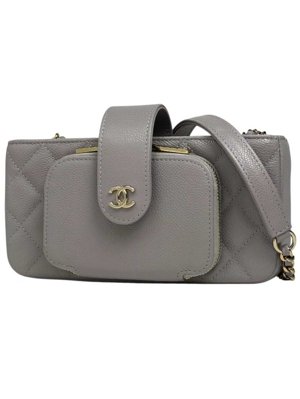 Chanel Shoulder Bag CC Logo Quilted Phone Case Caviar Leather Gray